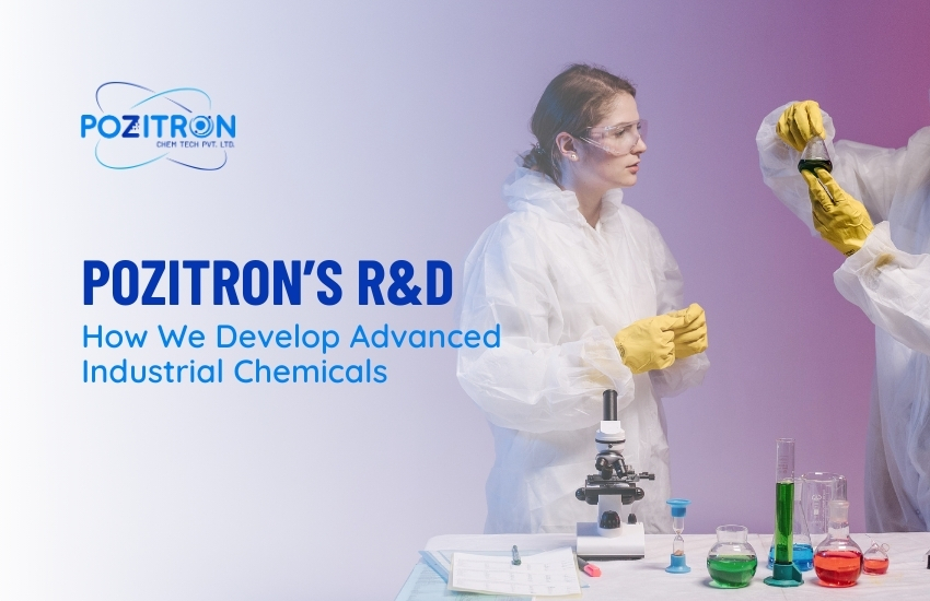 Scientists at Pozitron Chemtech working in a controlled lab environment, developing advanced industrial chemical solutions through rigorous R&D.